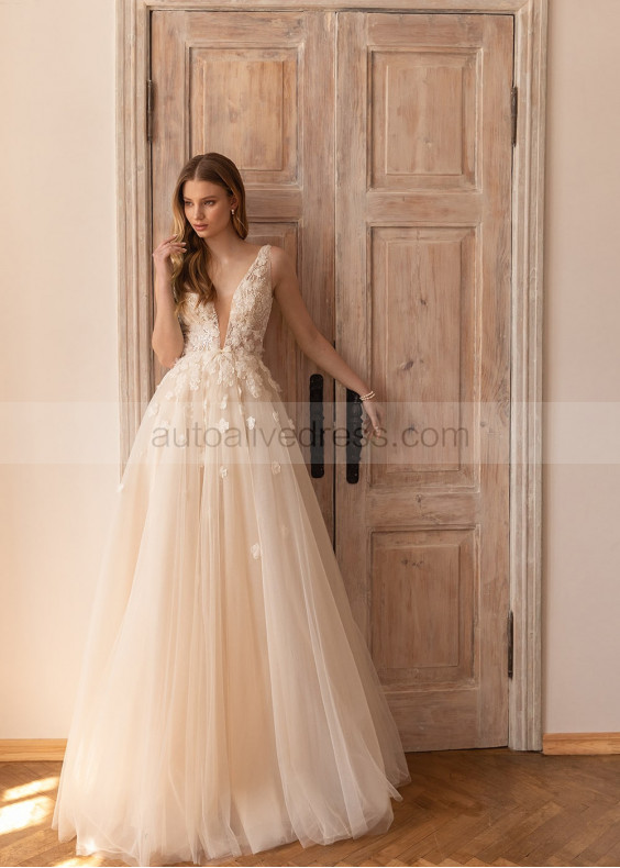 Beaded Ivory 3D Floral Lace Champagne Tulle Tender Wedding Dress